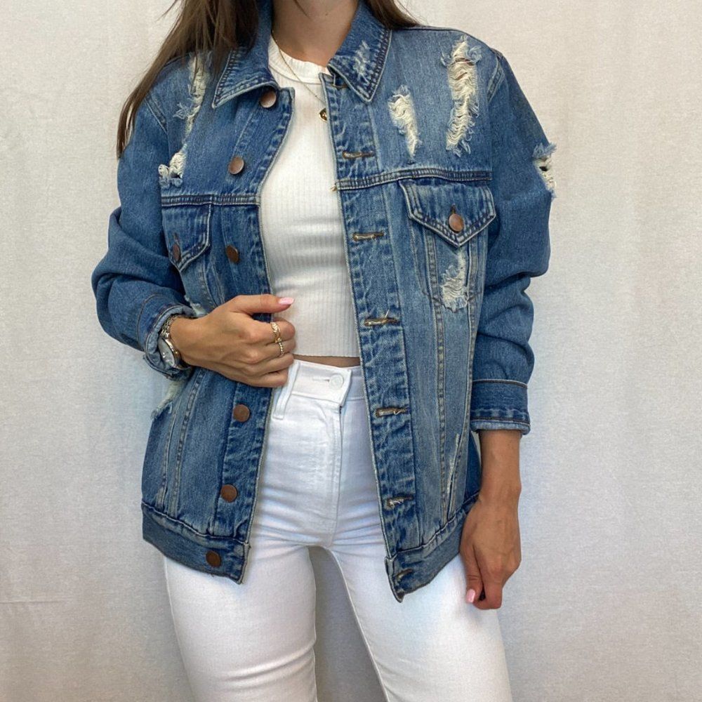 Tobi Oversized Distressed Blue Denim Jean Jacket - Picture 1 of 12